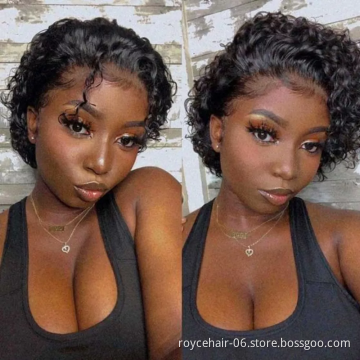 Curly Hair Ear to Ear Lace Wigs Vendor, 12a Brazilian Virgin Human Hair Pixie Cut Curl 13x1 Swiss Lace Front Wig For Women